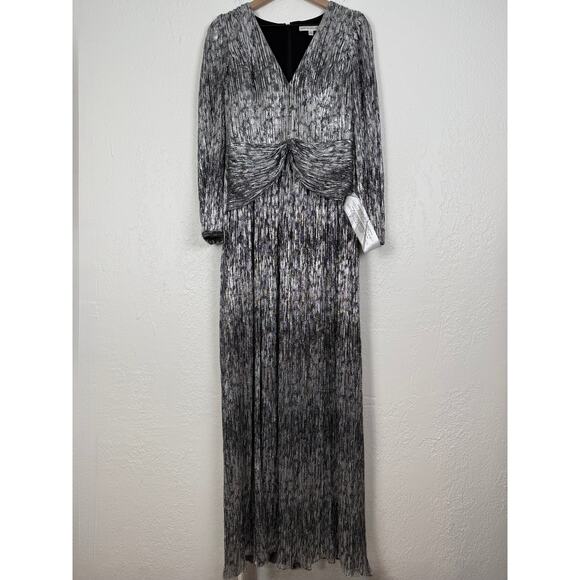 Dress The Population Cia Metallic Long Sleeve Maxi Dress Silver Black NWOT Large - Picture 3 of 9